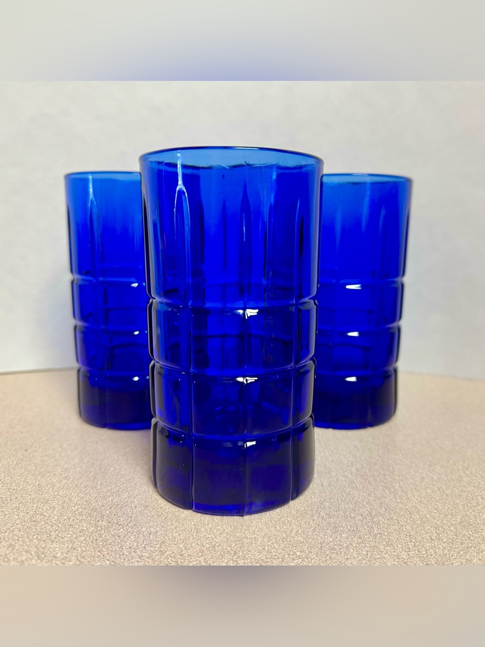 Set of 3 Vintage Cobalt Blue Anchor Hocking Tartan Tumblers